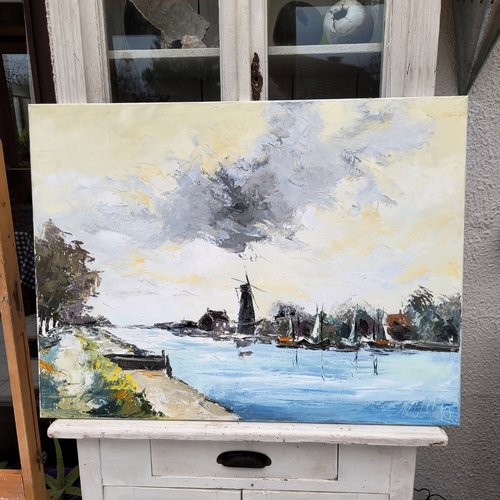Peinture figurative - paysage moulin hollande- huile au couteau sur toile de lin sur châssis : "univers de silence"