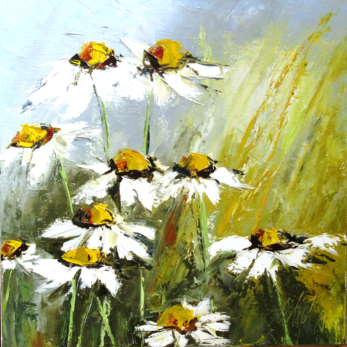 Peinture figurative florale- marguerites - huile au couteau sur toile de lin sur châssis: "fleurs au soleil"