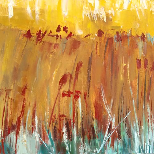 Exposition murale , peinture abstraite au couteau à l'huile sur toile de lin sur châssis : "les champs sauvages"