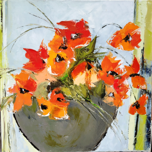 Peinture figurative florale : les coquelicots : peinture à l'huile au couteau sur toile de lin sur châssis : "les eblouissantes"