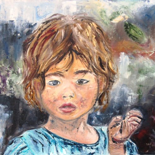 Gardons l'innocence : peinture à l'huile au couteau et pinceau sur carton toilé  , personnage, jeune fille