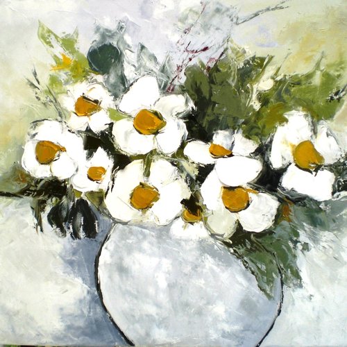 Peinture florale de marguerites stylisées -huile au couteau sur toile de lin sur châssis: "couleurs de printemps"