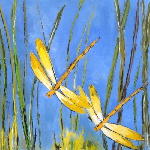 Peinture figurative - libellules- huile au couteau sur toile de lin sur châssis : "rapports de valeurs"