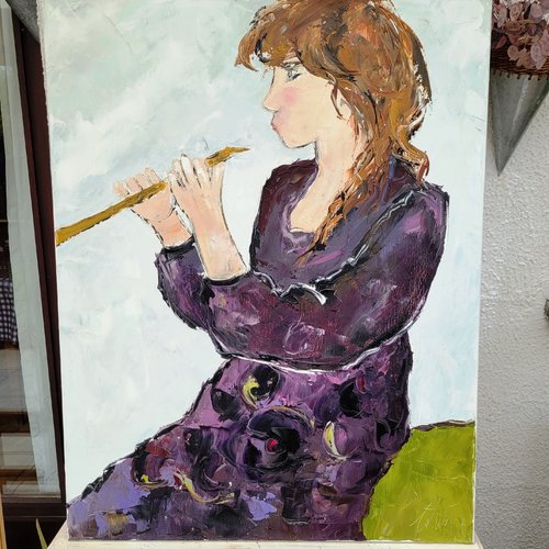 Peinture figurative personnage - peinture à l'huile sur toile de lin sur châssis: "la joueuse de flûte"