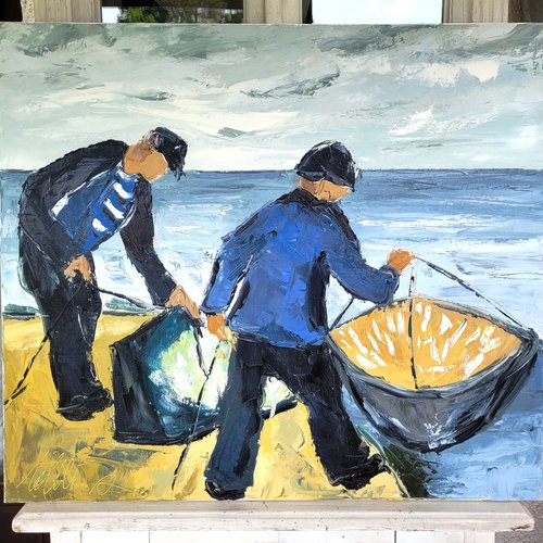 Peinture figurative personnages marins - peinture à l'huile au couteau sur toile de lin sur châssis : "au milieu des eaux & du temps"