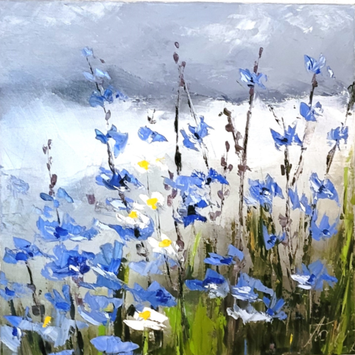 Peinture figurative florale : fleurs des champs: peinture à l'huile au couteau sur toile de lin : "les gracieuses ...."