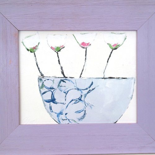 Peinture florale composition huile au couteau , cadre vintage en cadeau !!!!: "les elégantes"