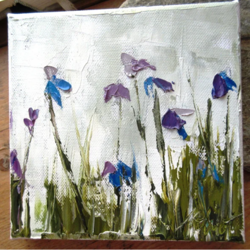 Peinture figurative fleurs des champs ; peinture à l'huile au couteau sur toile de coton sur châssis : "délicates 1"