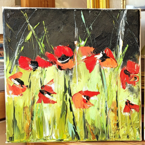 Peinture figurative florale : fleurs des champs- coquelicots: peinture à l'huile au couteau sur toile sur châssis : "douceur de vivre 1"