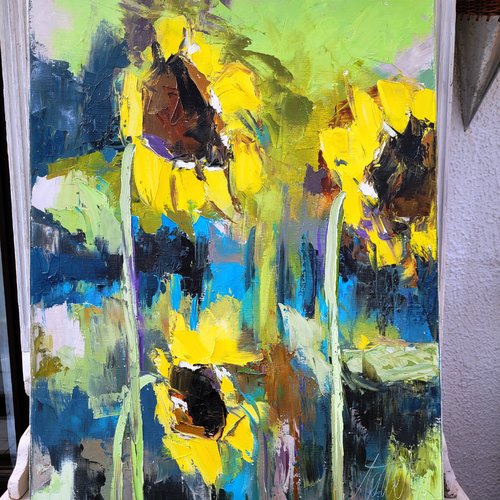 Peinture florale-tournesols - huile au couteau toile de lin sur châssis.. : "sorties de rêve"