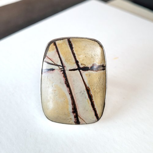 Cadeau pour elle, du côté vintage : une bague argent massif 925  avec superbe cabochon jaspe paysage indien !!!!