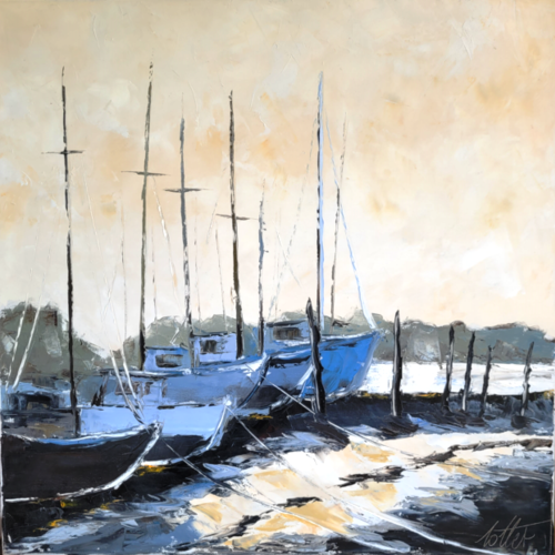 Peinture originale marine - bateaux au repos - huile au couteau sur toile de lin ... : "les ailes des sables"