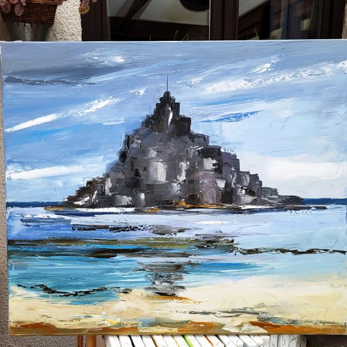 Peinture marine mont st michel france ,huile au couteau sur toile : "dompteur de muses "
