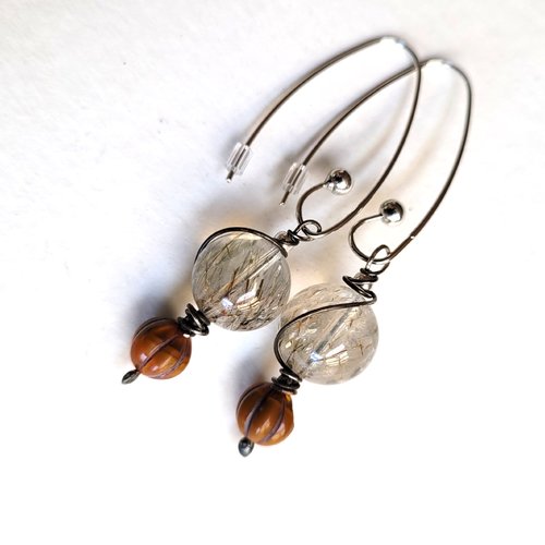 Splendides perles en quartz rutile or et breloques headpins artisanales pour ces boucles d'oreille romantiques: "oranges amères"