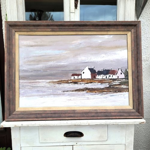 Peinture originale marine - bretagne- à l'huile au couteau sur toile de lin avec cadre en bois: "miroir du crépuscule"