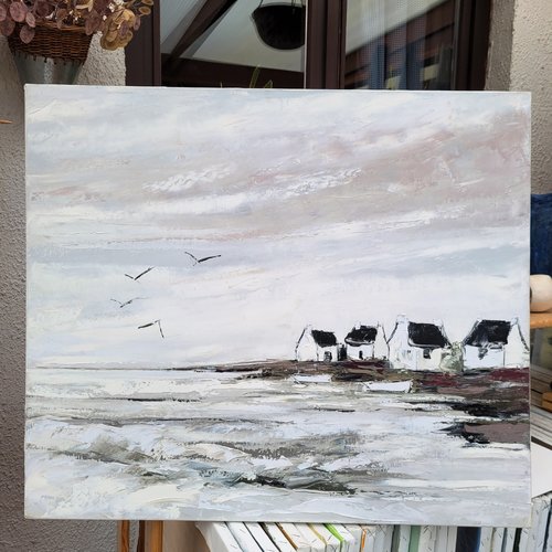 Peinture originale au couteau marine huile sur toile sur châssis : "bateaux au repos" ...
