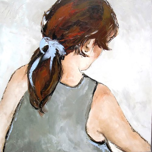 Peinture figurative personnage - peinture à l'huile au couteau sur châssis - 80/80 cm : "une part d'identité"