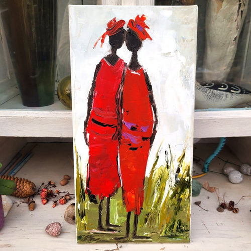 Peinture figurative de personnages, peinture à l'huile au couteau sur toile de coton sur châssis lin: "fleurs d'amitiés"