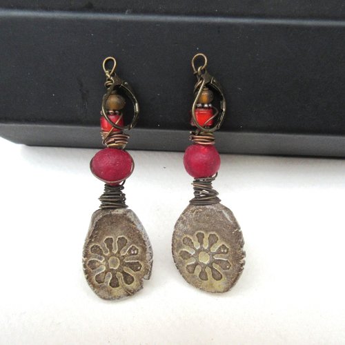 Des boucles d'oreille ethniques chics avec céramiques artisanales d'israël : "parfums de charme"  !!!!!!