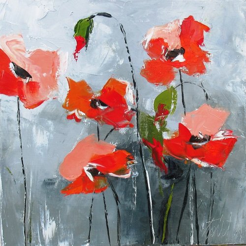 Peinture florale coquelicots huile au couteau sur toile de lin sur châssis:- 40/40 cm =  "le repentir du silence"