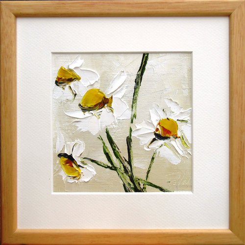 Peinture florale - huile au couteau sur toile de lin sur carton avec cadre en bois : "les coquettes"