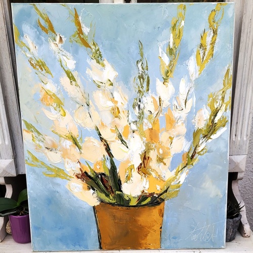 Peinture florale -les glaïeuls- huile au couteau sur toile de lin sur châssis ... : "craie de couleurs"