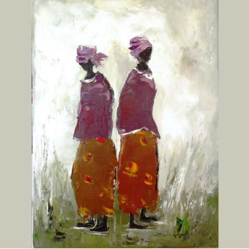 Peinture figurative de personnages- petites dames afrique,  peinture à l'huile au couteau sur toile de coton sur châssis : "complicités"