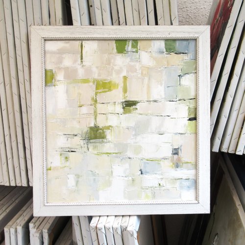 Lyrisme contrôlé : peinture huile au couteau sur toile de lin ..... abstrait géométrique ...avec cadre en bois.