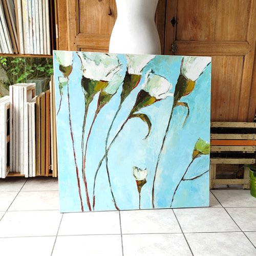 Grande peinture florale d'oeillets blancs- huile au couteau sur toile de lin sur châssis: "elévations spirituelles"