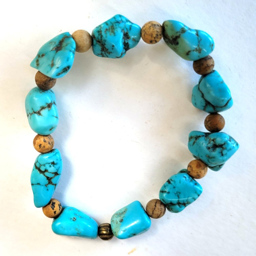 Un bracelet ajustable boho chic rustique avec perles turquoise , perle jaspe mat paysage : "douce sérénade".... !!!!