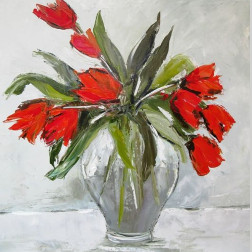 Peinture florale "tulipes " huile au couteau sur toile de lin sur châssis : "les belles du jardin .... "