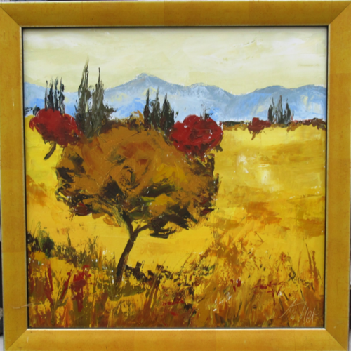Peinture paysage de provence- huile sur toile de lin sur châssis avec cadre : "eveil des sens"