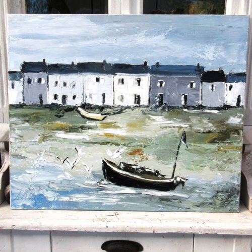 Peinture originale marine - côte d'emeraude - à l'huile au couteau sur toile de coton sur châssis : "trébuchet de l'aube"