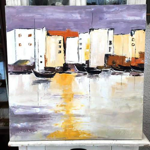 Peinture de marine , dans le midi, huile au couteau sur toile de lin sur châssis... : "port de marseille"