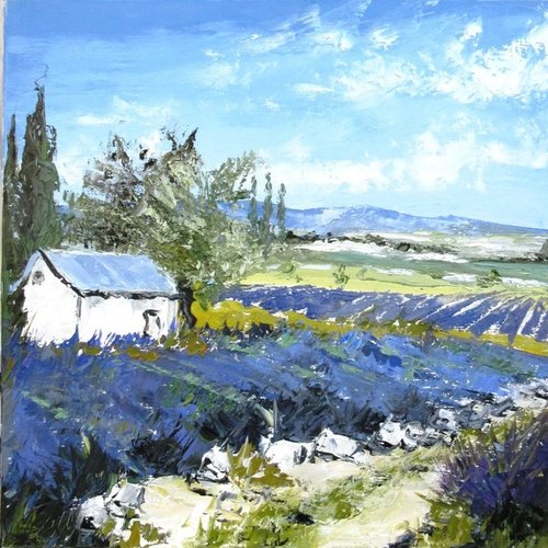 Paysage de provence- lavande, peinture figurative, peinture à l'huile au couteau sur toile de lin : "un coeur en provence"