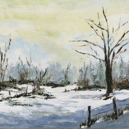 Paysage enneigé ; peinture figurative, peinture à l'huile au couteau sur toile de lin sur châssis : "habit d'hiver"