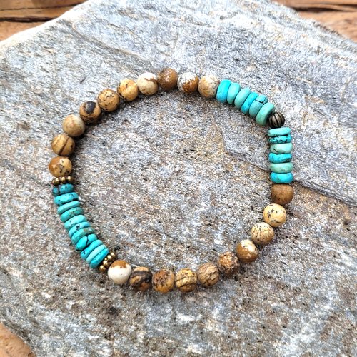 Un bracelet boho chic rustique et unisexe avec perles heishi turquoise et perles jaspe paysage : "essences des choses"