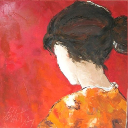 Peinture figurative personnage - peinture à l'huile au couteau sur toile de lin sur châssis : "mélodie en rouge"