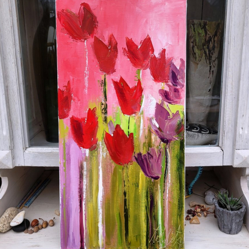 Peinture figurative originale de fleurs -les tulipes- sur toile de lin sur châssis : "moments d'émotion" !!!!