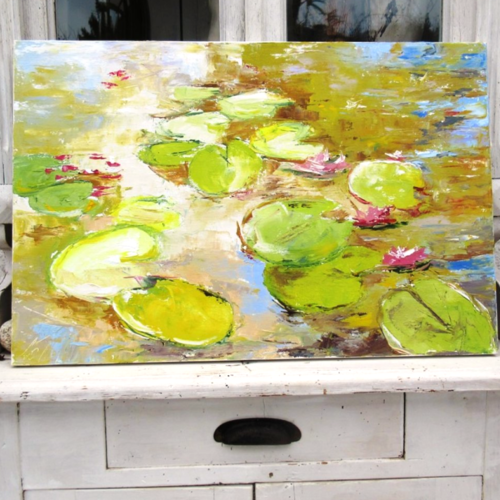 Peinture originale paysage, nénuphars à l'huile au couteau sur toile de lin sur châssis : "jardin secret"