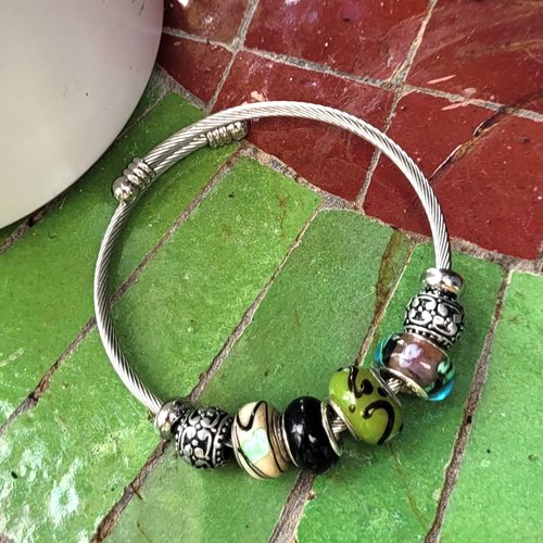 Un superbe bracelet mémoire et unisexe avec perles de style pandora - verre cerclage argent 925: "frissons de printemps"