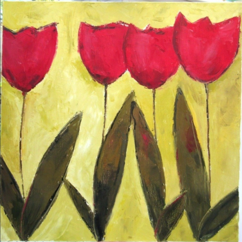 Peinture figurative florale- tulipes- huile au couteau sur toile de lin sur châssis : "elégance"