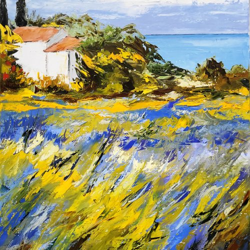 Peinture figurative- campagne provençale - huile au couteau sur toile de lin sur châssis : "vagues de lavande"