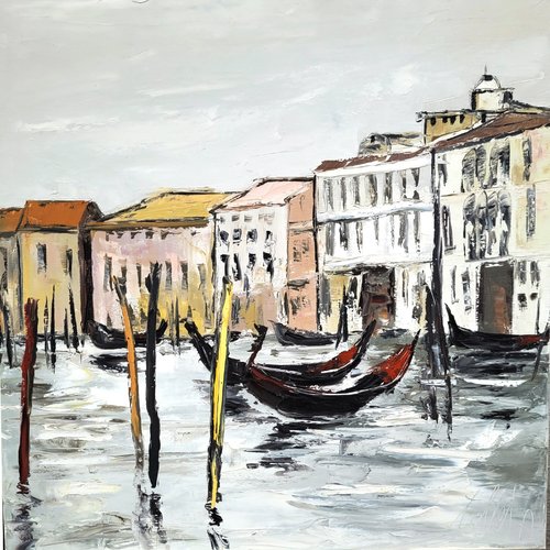 Peinture originale marine - venise- huile au couteau sur châssis sur toile de lin ... : "horizon d'avenir"