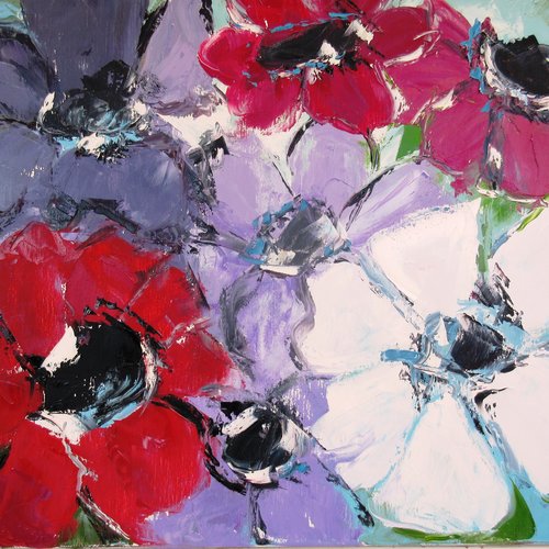 Peinture florale "anémones"  huile au couteau sur châssis et toile de lin : "amour d'eté"