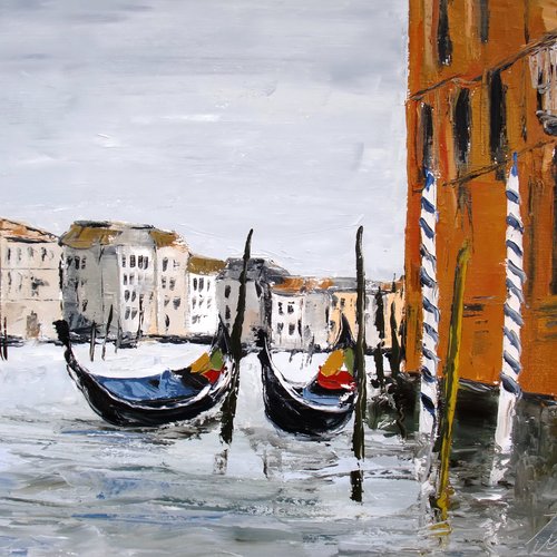 Peinture originale marine -venise.-  huile au couteau sur châssis sur toile de lin  : "chemin de lumière "