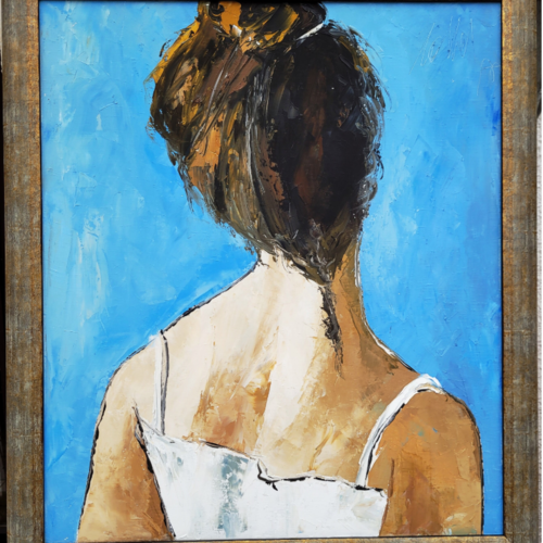 Peinture figurative personnage - peinture à l'huile au couteau - sur toile de lin avec cadre en bois : "instant de douceur"