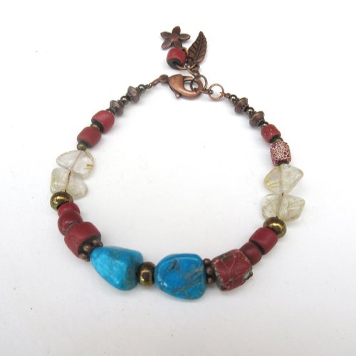 Un bracelet unisexe tribal de style amérindien avec perles turquoise, quartz rutile or...: "monologue chemins des vents"