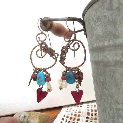 Les boucles d'oreille nomades et bohèmes de style créoles amérindiennes avec turquoise arizona ..  !!!!: "monologue chemins des vents"