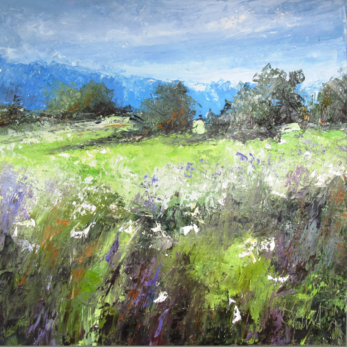 Campagne de chez nous: peinture figurative- paysage- , peinture à l'huile au couteau sur toile de lin : "participation emotive"